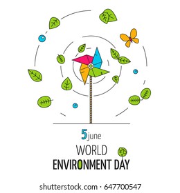 Outline colorful concept for World Environment Day poster or banner. Paper windmill vector illustration with leaves, drops of water and butterfly