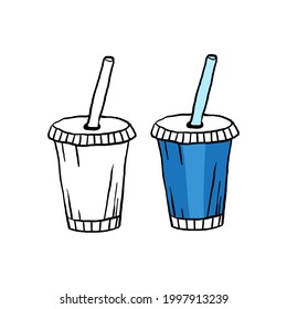 Contaminación plástica con contorno y elementos coloridos. Copa de plástico con paja.  Símbolo de problema de contaminación del globo. Estilo de dibujo a mano de dibujos animados. Objeto de basura.