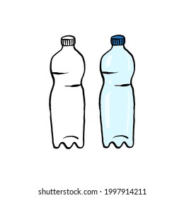Contaminación plástica con contorno y elementos coloridos. Frasco de plástico arrugado. Símbolo de problema de contaminación del globo. Estilo de dibujo a mano de dibujos animados. Objeto de basura.