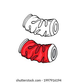 Contaminación plástica con contorno y elementos coloridos. La lata se ha arruinado. Símbolo de problema de contaminación del globo. Estilo de dibujo a mano de dibujos animados. Objeto de basura.