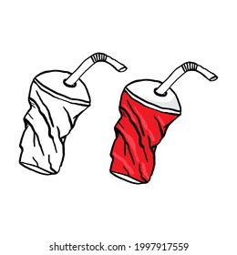 Outline and colorful element plastic pollution. Crumpled plastic cup with a straw.  Symbol of problem globe pollution. Cartoon hand-drawing style. Garbage and trash object.