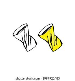 Outline and colorful element plastic pollution. Crumpled plastic cup or paper glass.  Symbol of problem globe pollution. Cartoon hand-drawing style. Garbage and trash object.