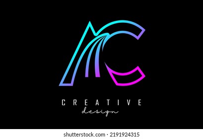 Outline colorful leading lines letters AC a c logo with road concept design. Letters with geometric and negative space design. Vector Illustration with letter and cuts.