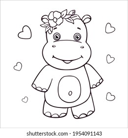 Outline coloring book with cute cartoon hippo. Vector illustration drawing of baby hippopotamus.