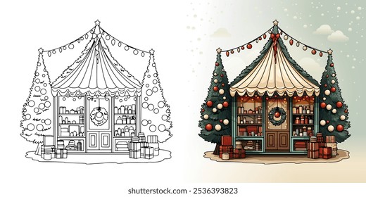 esboço colorido desenho colorido de um mercado de Natal, um jogo para crianças