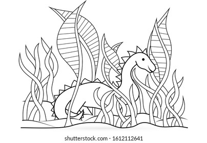 outline coloring dinosaur for kids book, sketch hand drawing art line, vector stock illustration