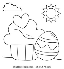 Outline coloring page for kids: Easter spring coloring page. Cute, black and white illustration for celebration