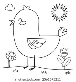 Outline coloring page for kids: Easter spring coloring page. Cute, black and white illustration for celebration