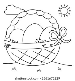 Outline coloring page for kids: Easter spring coloring page. Cute, black and white illustration for celebration