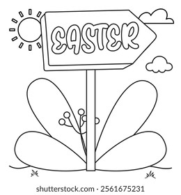 Outline coloring page for kids: Easter spring coloring page. Cute, black and white illustration for celebration