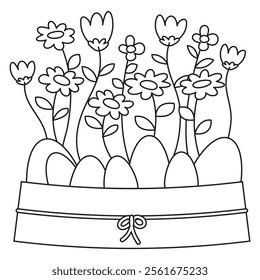 Outline coloring page for kids: Easter spring coloring page. Cute, black and white illustration for celebration