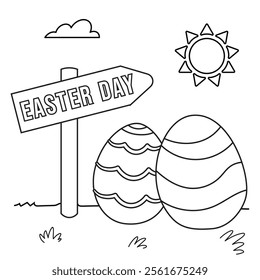 Outline coloring page for kids: Easter spring coloring page. Cute, black and white illustration for celebration