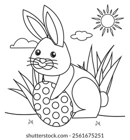Outline coloring page for kids: Easter spring coloring page. Cute, black and white illustration for celebration