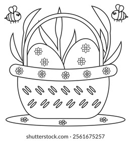Outline coloring page for kids: Easter spring coloring page. Cute, black and white illustration for celebration