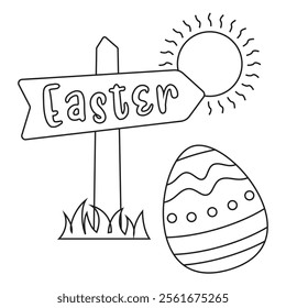 Outline coloring page for kids: Easter spring coloring page. Cute, black and white illustration for celebration