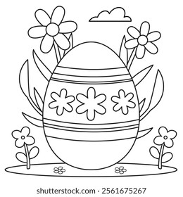 Outline coloring page for kids: Easter spring coloring page. Cute, black and white illustration for celebration