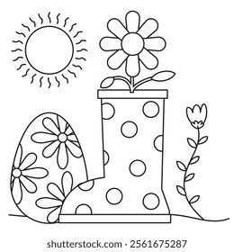 Outline coloring page for kids: Easter spring coloring page. Cute, black and white illustration for celebration