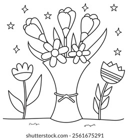 Outline coloring page for kids: Easter spring coloring page. Cute, black and white illustration for celebration