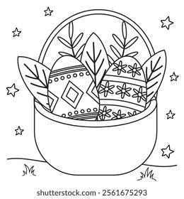 Outline coloring page for kids: Easter spring coloring page. Cute, black and white illustration for celebration