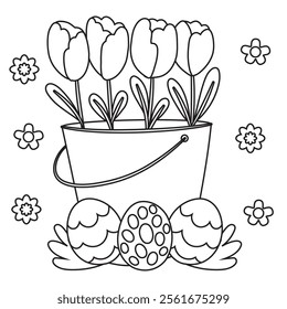 Outline coloring page for kids: Easter spring coloring page. Cute, black and white illustration for celebration