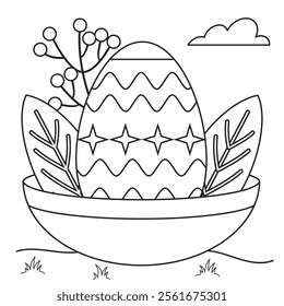 Outline coloring page for kids: Easter spring coloring page. Cute, black and white illustration for celebration