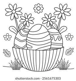Outline coloring page for kids: Easter spring coloring page. Cute, black and white illustration for celebration