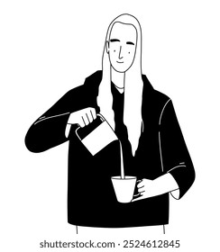 Outline, coloring page, young man with long hair adding milk to coffee. Vector illustration