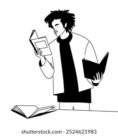 outline, coloring page, young man, student reading books, studying lectures. Vector illustration