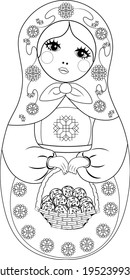 Outline for coloring a Russian doll matryoshka doll, grandmother's doll. The doll is a young girl with a basket of eggs and an apron for Easter, isolated on a white background. Coloring book.