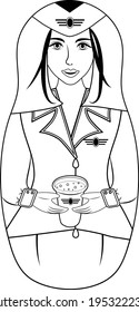 Outline for coloring a Russian doll matryoshka doll, grandmother's doll. Doll-a young girl by profession a flight attendant holding a soda in her hand, isolated on a white background. Coloring book.