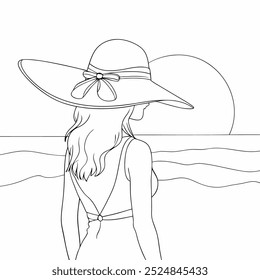 outline coloring woman in big hat sunset