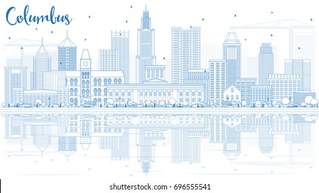 Outline Columbus Skyline with Blue Buildings and Reflections. Vector Illustration. Business Travel and Tourism Concept with Modern Architecture. Image for Presentation Banner Placard and Web Site.