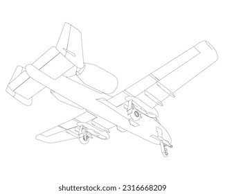 Outline Combat aircraft in isolate on a white background. Modern combat aircraft. Stylized image of a fighter jet on a white background. Vector image for prints, poster and illustrations..