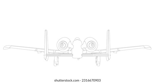 Outline Combat aircraft in isolate on a white background. Modern combat aircraft. Stylized image of a fighter jet on a white background. Vector image for prints, poster and illustrations..