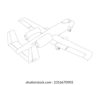 Outline Combat aircraft in isolate on a white background. Modern combat aircraft. Stylized image of a fighter jet on a white background. Vector image for prints, poster and illustrations..