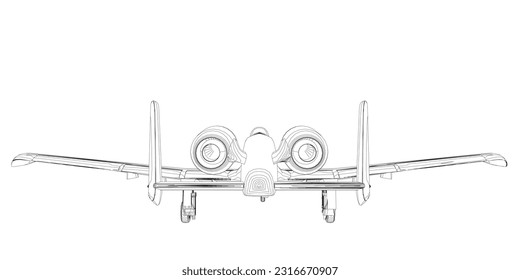 Outline Combat aircraft in isolate on a white background. Modern combat aircraft. Stylized image of a fighter jet on a white background. Vector image for prints, poster and illustrations..