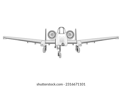 Outline Combat aircraft in isolate on a white background. Modern combat aircraft. Stylized image of a fighter jet on a white background. Vector image for prints, poster and illustrations..