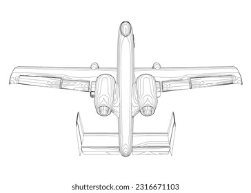 Outline Combat aircraft in isolate on a white background. Modern combat aircraft. Stylized image of a fighter jet on a white background. Vector image for prints, poster and illustrations..