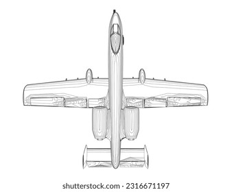Outline Combat aircraft in isolate on a white background. Modern combat aircraft. Stylized image of a fighter jet on a white background. Vector image for prints, poster and illustrations..