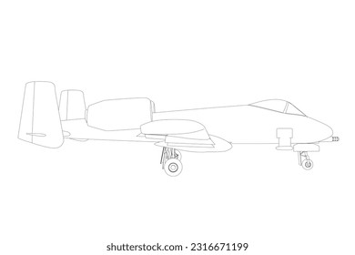 Outline Combat aircraft in isolate on a white background. Modern combat aircraft. Stylized image of a fighter jet on a white background. Vector image for prints, poster and illustrations..