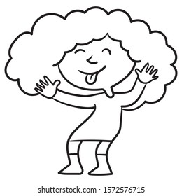 outline comic Drawing of a little girl holding out her tongue and her hands to her ears. monochrome.