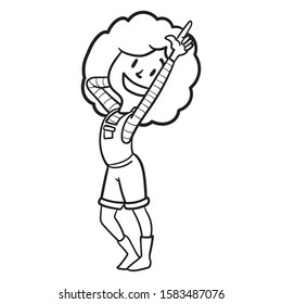 outline comic drawing of a woman stretching and holding two fingers up. counting.