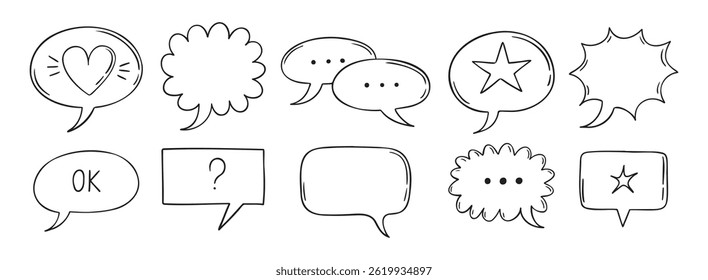 Contornar as bolhas de fala em quadrinhos. Diálogo, comunicação de bate-papo de doodle, elemento de discussão. Desenho do símbolo do quadro da mensagem. Ilustração vetorial