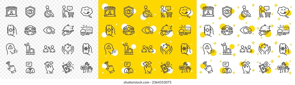 Outline Communication, Health app and Eye detect line icons pack for web with Buyer think, Market seller, Luggage belt line icon. Timer, Cough, Food delivery pictogram icon. Bid offer. Vector