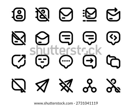 Outline communication icon set featuring chat, message, email, send, reply, mute, and share symbols. Clean and modern icons for apps, UI, UX, and digital interfaces.