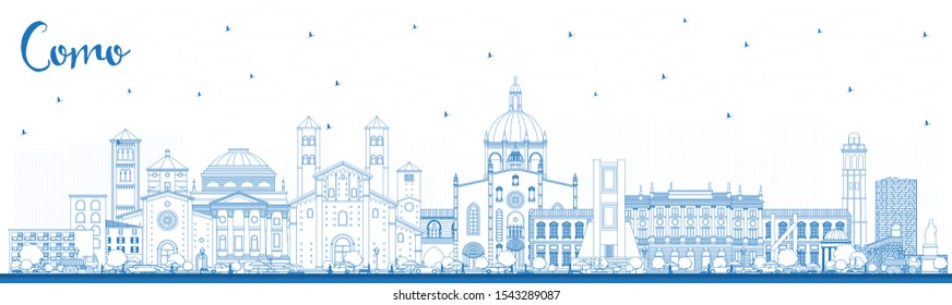 Outline Como Italy City Skyline with Blue Buildings. Vector Illustration. Business Travel and Concept with Historic Architecture. Como Cityscape with Landmarks. 