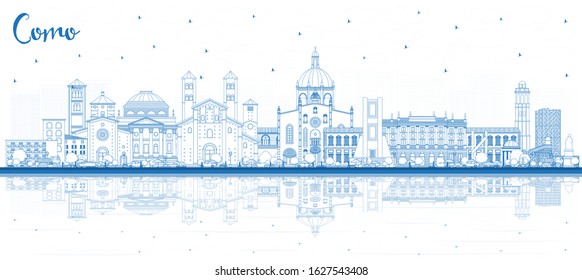 Outline Como Italy City Skyline with Blue Buildings and Reflections. Vector Illustration. Business Travel and Concept with Historic Architecture. Como Cityscape with Landmarks.