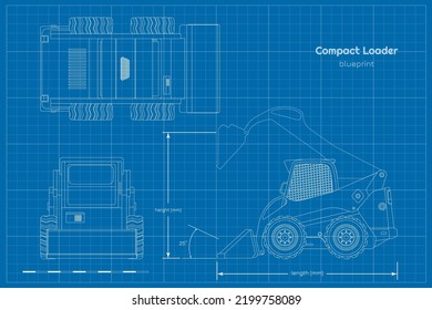 Outline Compact Loader. Contour Side, Front Amd Top View. Drawing Of Mini Bulldozer. Industrial Blueprint Of Loading Machine. Vector Illustration