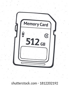 Outline Of Compact Memory Card. Vector Illustration. Flash Drive. Modern Storage Of Digital Information. Hand Drawn Black Ink Sketch, Isolated On White Background. Print For Packaging, Showcases