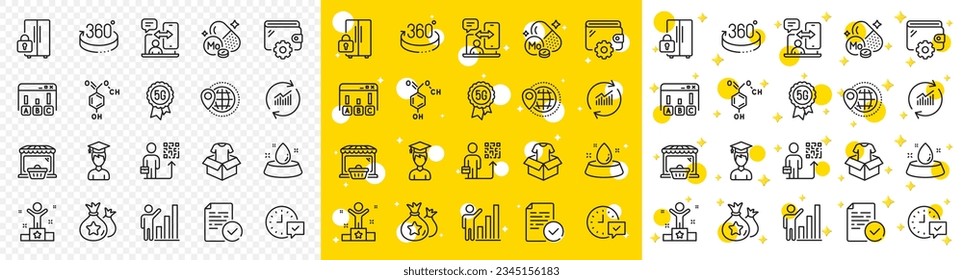 Outline Compliance, Graph chart and Loyalty points line icons pack for web with Survey results, 360 degrees, Refrigerator line icon. Winner, Student, Clothing pictogram icon. Update data. Vector